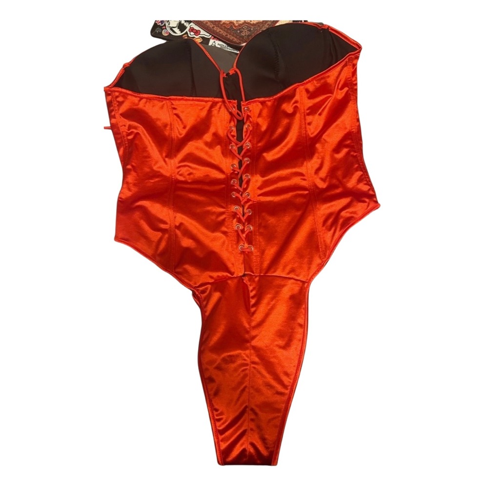 Red Satin Playboy Style Bunny Costume Set Bedazzled Ears Collar Cuffs Plus Size - Picture 5 of 7
